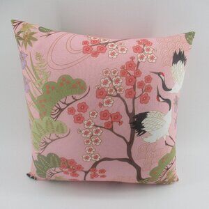 13.5" Pink and White Japanese Crane Pillow made crisscross style in reverse side